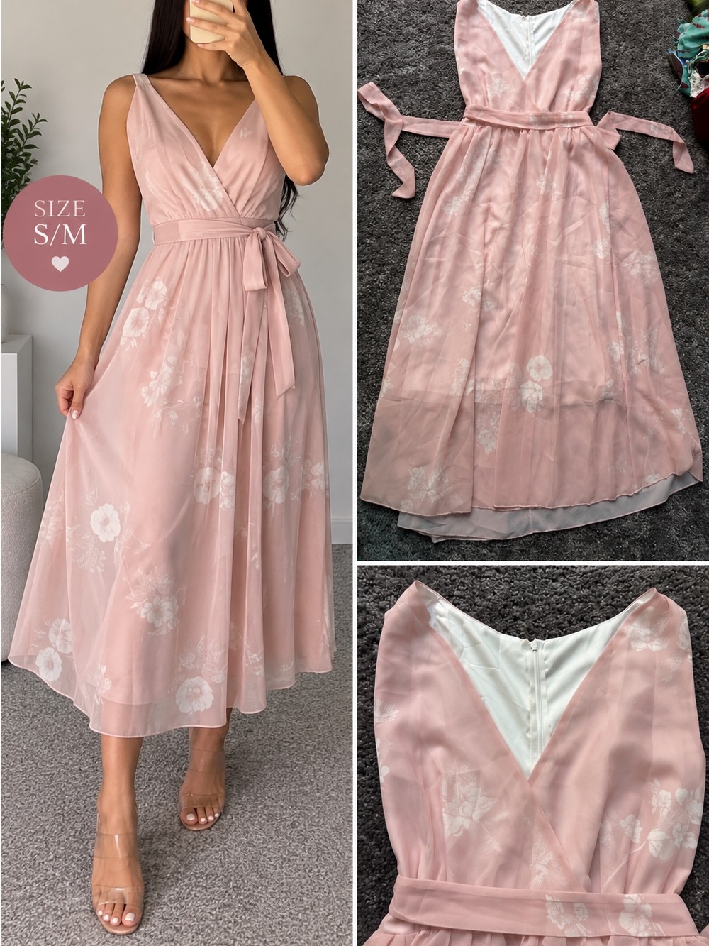 Romantic Sleeveless V-Neck Pink Floral Midi Dress SIZE M/L